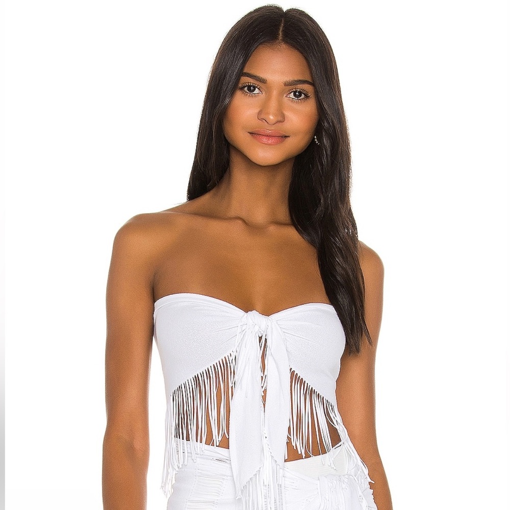 Beach Bunny Strapless White Fringe Coverup